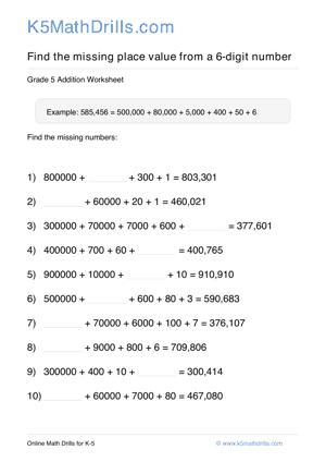 Grade 5 Place Value Missing 6 Digit 86