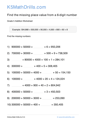 Grade 5 Place Value Missing 6 Digit 87