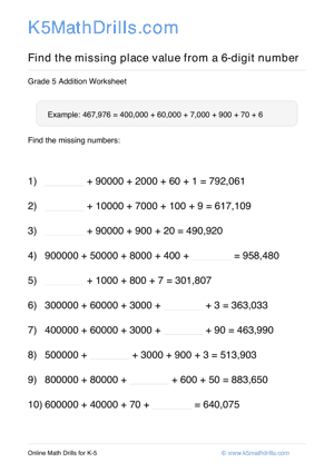 Grade 5 Place Value Missing 6 Digit 88