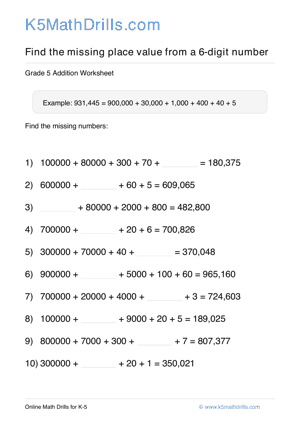 Grade 5 Place Value Missing 6 Digit 89