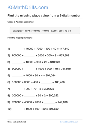 Grade 5 Place Value Missing 6 Digit 9