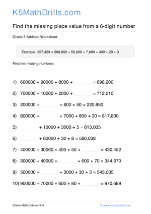 Grade 5 Place Value Missing 6 Digit 91