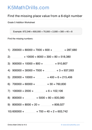 Grade 5 Place Value Missing 6 Digit 92