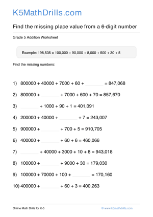 Grade 5 Place Value Missing 6 Digit 93