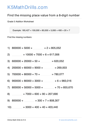 Grade 5 Place Value Missing 6 Digit 94