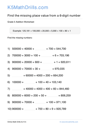 Grade 5 Place Value Missing 6 Digit 95