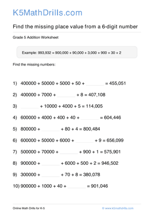 Grade 5 Place Value Missing 6 Digit 96