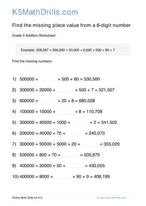 Grade 5 Place Value Missing 6 Digit 97