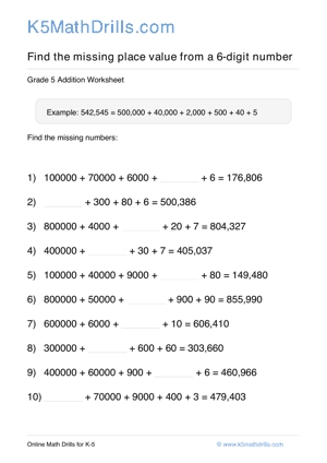 Grade 5 Place Value Missing 6 Digit 98