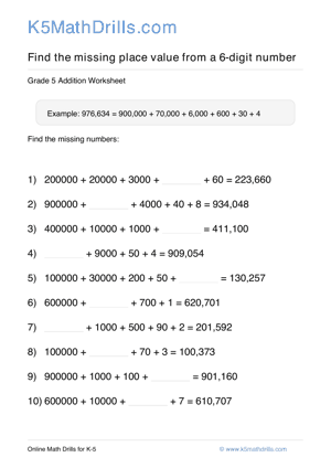 Grade 5 Place Value Missing 6 Digit 99